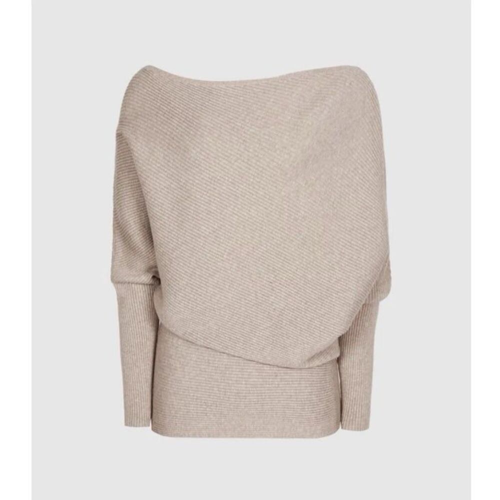 Reiss Lorna Asymmetric Draped Knitted Off Shoulder Jumper Sweater in Stone Small - Picture 11 of 11